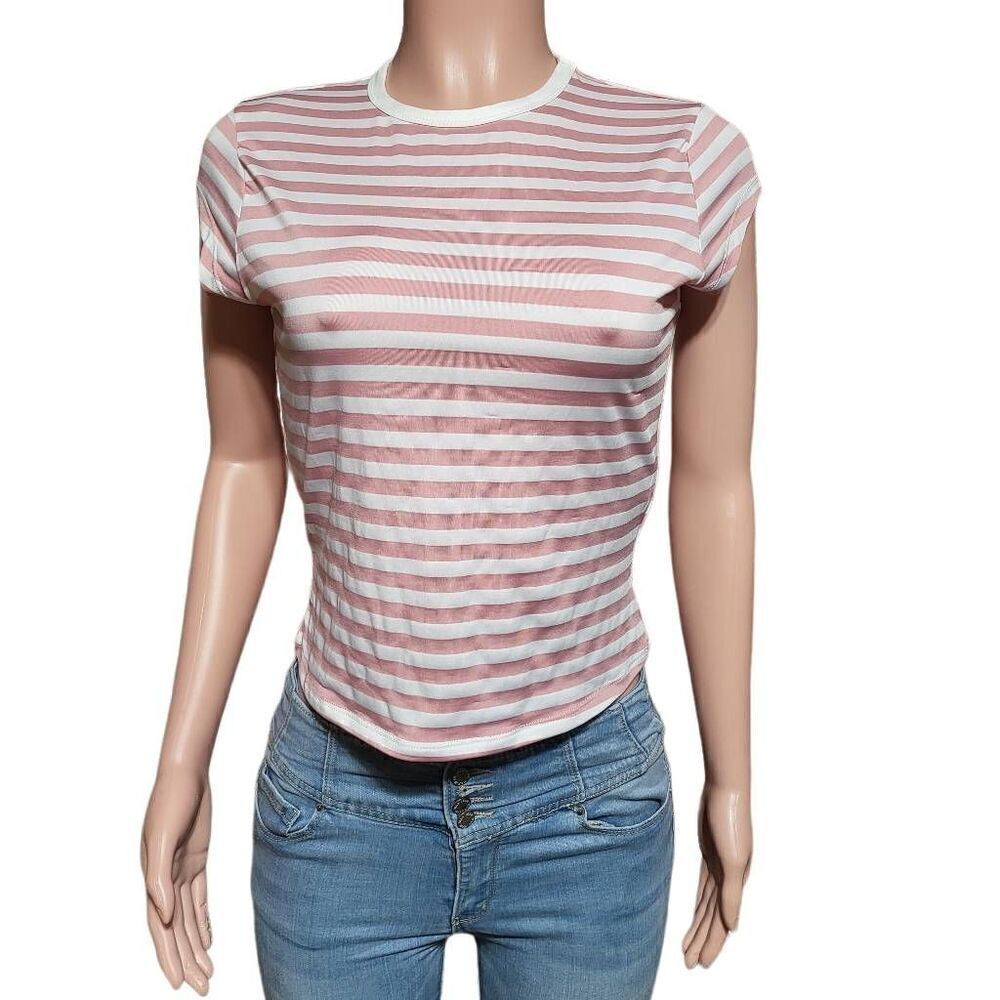 Shein crew neck short sleeve pink stripe crop top tee M